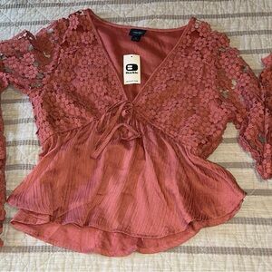 Soprano Rose Rust Lace Tie-Front Peplum Top